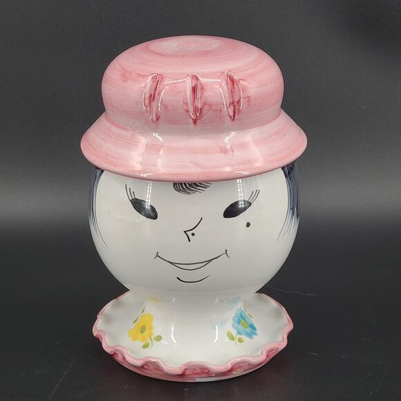 Vintage Ceramic Coin Bank Hand Painted Lady Head Pink Hat Italy - Picture 1 of 4